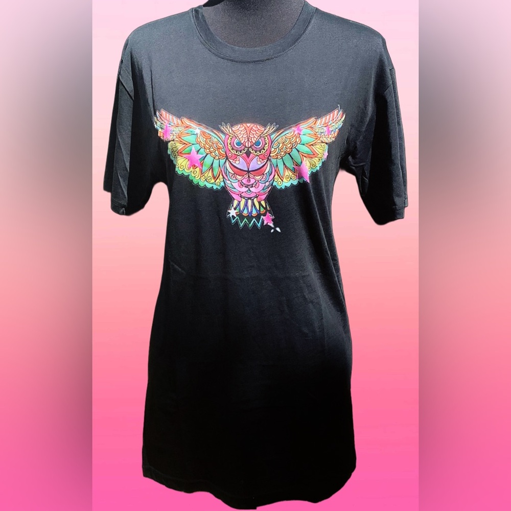 Visual Bliss Co Custom Direct to Garment Black Owl Graphic T-Shirt